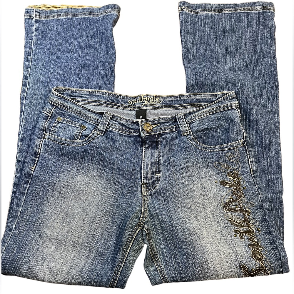 Southpole Womens Size 11 Bootcut Jeans Medium Wash Studded Embroidered Y2K Blue